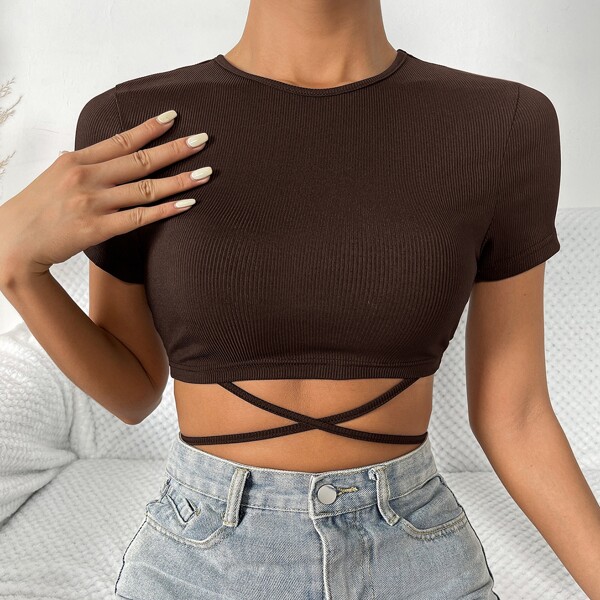 

Solid Crisscross Tie Back Crop Tee, Chocolate brown