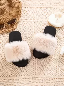 Girls Minimalist Fluffy Slippers - Beige - View 1