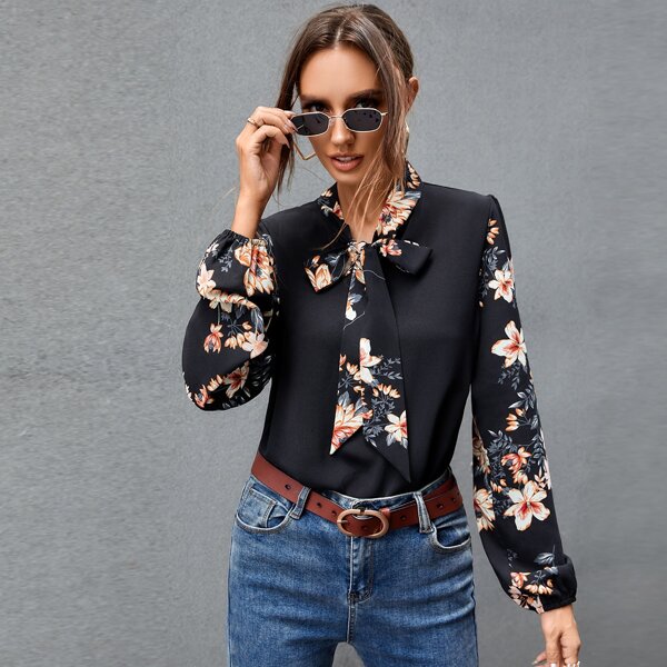 

Tie Neck Floral Print Top, Black