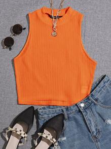 SHEIN EZwear Neon Orange Solid Crop Rib-knit Tank Top - Orange - View 1