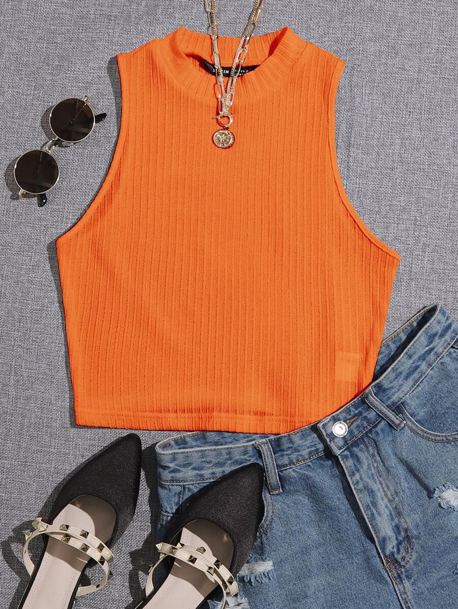SHEIN EZwear Neon Orange Solid Crop Rib-knit Tank Top - Orange - View 1