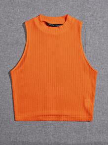 SHEIN EZwear Neon Orange Solid Crop Rib-knit Tank Top - Orange - View 3