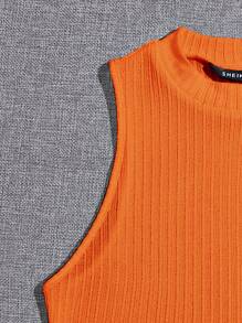 SHEIN EZwear Neon Orange Solid Crop Rib-knit Tank Top - Orange - View 4