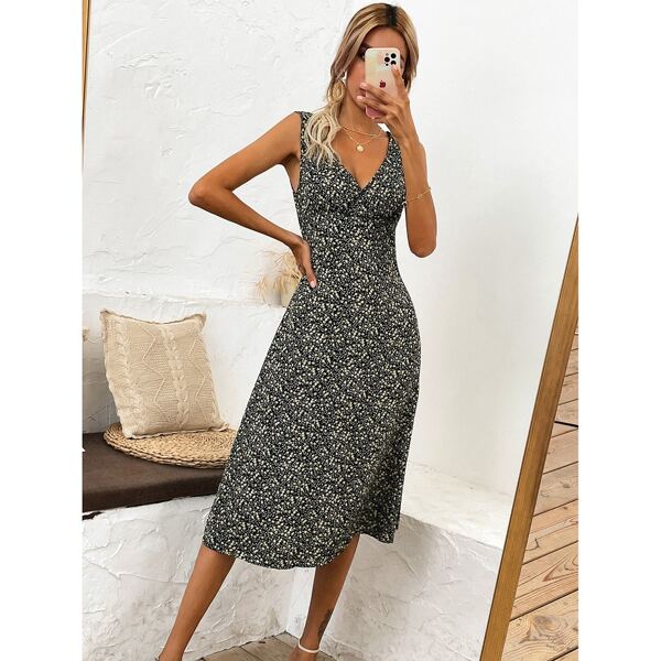 

V-neck Ditsy Floral Dress, Black