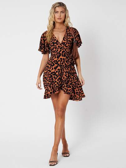 SHEIN Tall Bell Sleeve Ruffle Trim Wrap Leopard Dress