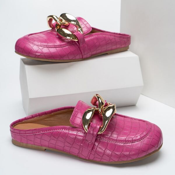 

Croc Embossed Chain Decor Mules, Hot pink