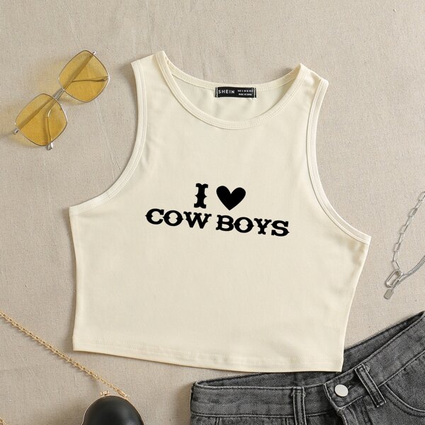 

Slogan Graphic Crop Tank Top, Beige
