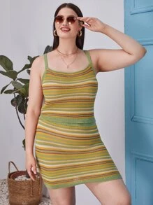 SHEIN Unity 大碼彩色條紋圖案針織上衣和針織短裙 - 彩色 - 查看 1