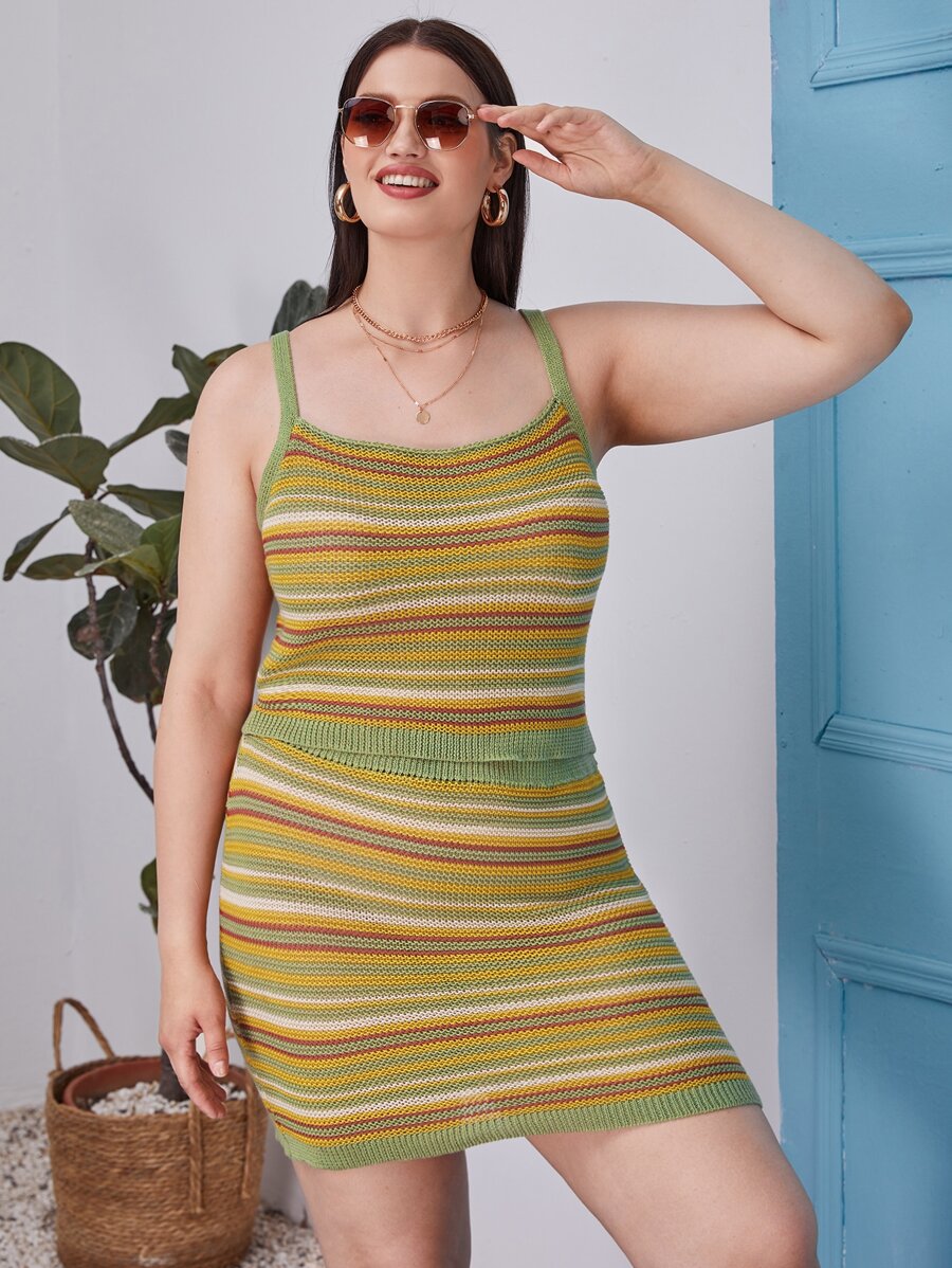 SHEIN Unity 大碼彩色條紋圖案針織上衣和針織短裙 - 彩色 - 查看 1