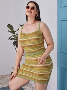 SHEIN Unity 大碼彩色條紋圖案針織上衣和針織短裙 - 彩色 - 查看 4