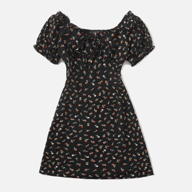 

Ditsy Floral Puff Sleeve Dress, Black