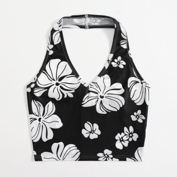 

Plus Floral Print Halter Top, Black