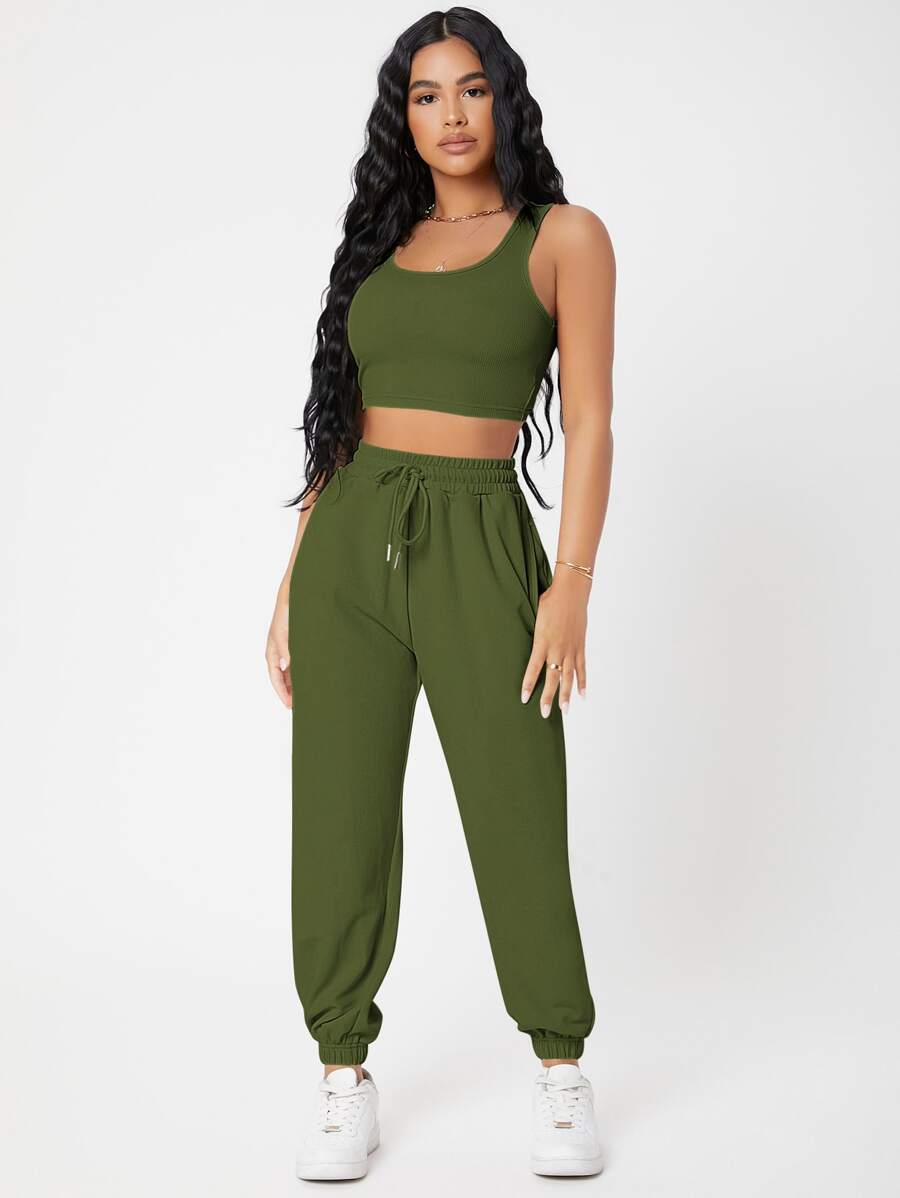 SHEIN PETITE Solid Crop Tank Top And Joggers Set - Army Green - View 1