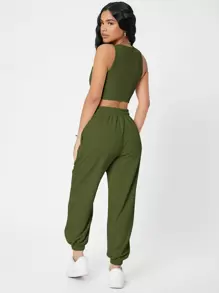 SHEIN PETITE Solid Crop Tank Top And Joggers Set - Army Green - View 2