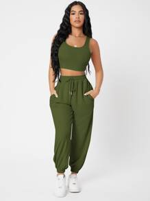 SHEIN PETITE Solid Crop Tank Top And Joggers Set - Army Green - View 4