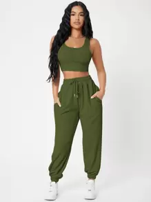 SHEIN PETITE Solid Crop Tank Top And Joggers Set - Army Green - View 5
