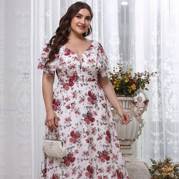 

Plus Floral Print Butterfly Sleeve Maxi Chiffon Dress, White