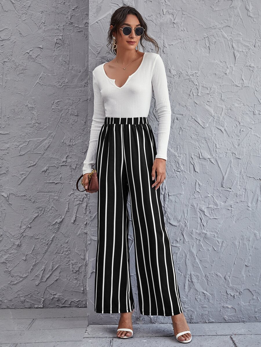 SHEIN Clasi High Waist Striped Wide Leg Trousers - Black and White - View 1