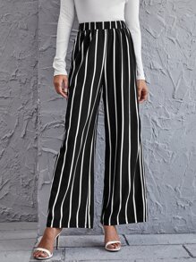 SHEIN Clasi High Waist Striped Wide Leg Trousers - Black and White - View 4