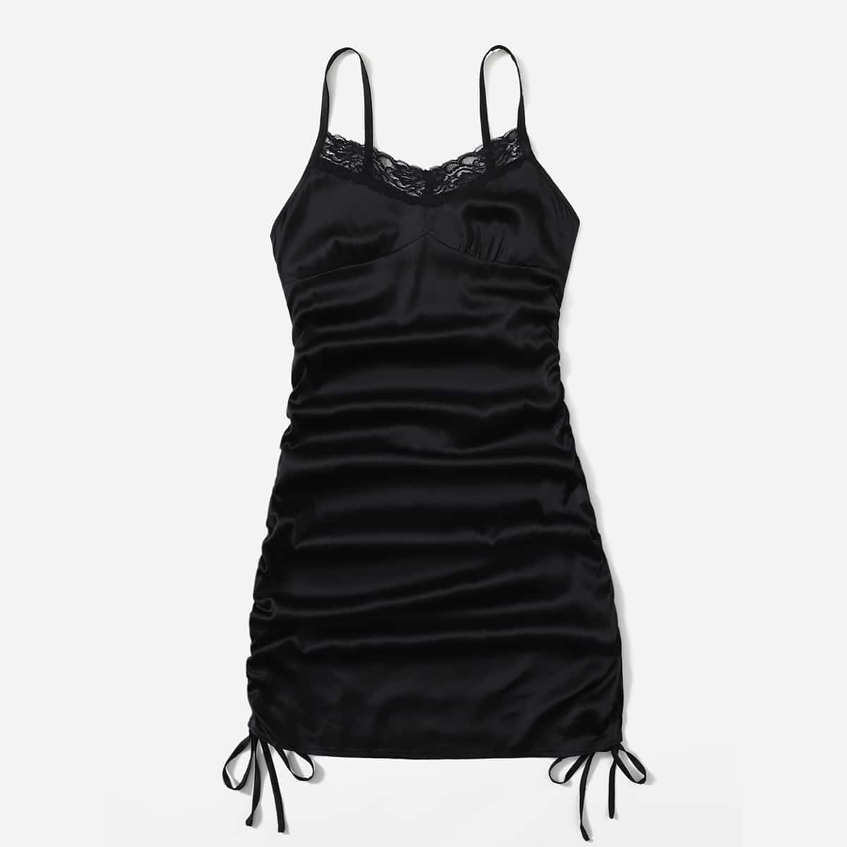 

Contrast Lace Ruched Drawstring Satin Cami Dress, Black