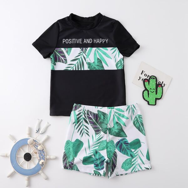 

Boys Plants Print Two Piece Swimsuit, Multicolor
