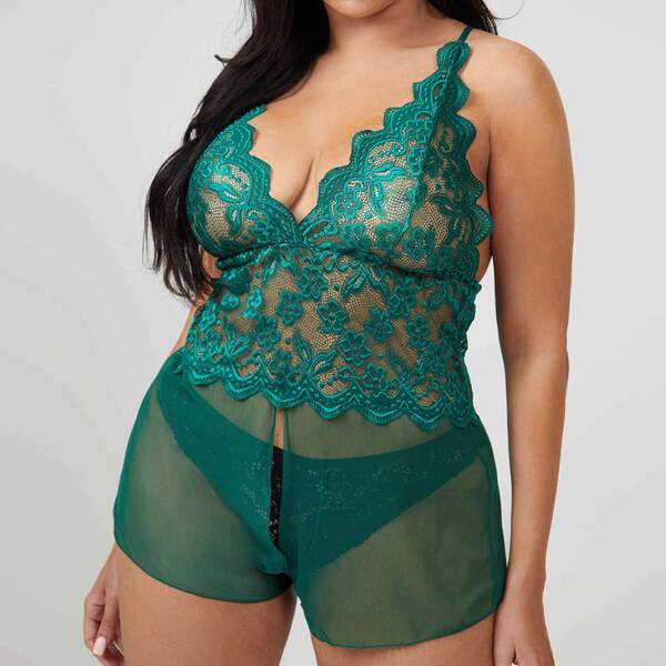 

Plus Contrast Lace Mesh Crotchless Romper Bodysuit, Green