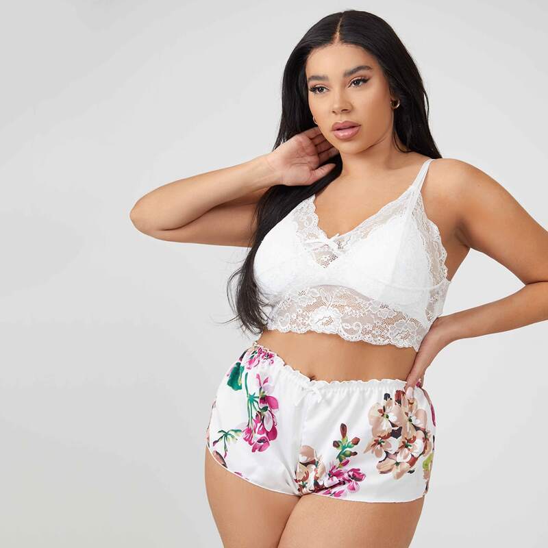 

Plus Floral Lace Bralette With Satin Shorts, White