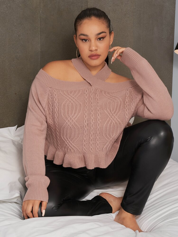 Plus Cold Shoulder Ruffle Hem Sweater Knit Pullover Fall Winter