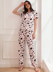 SHEIN Unity Conjunto de pijama vaca con con estampado de letra con cubierta de ojo - Rosa - Ver 3