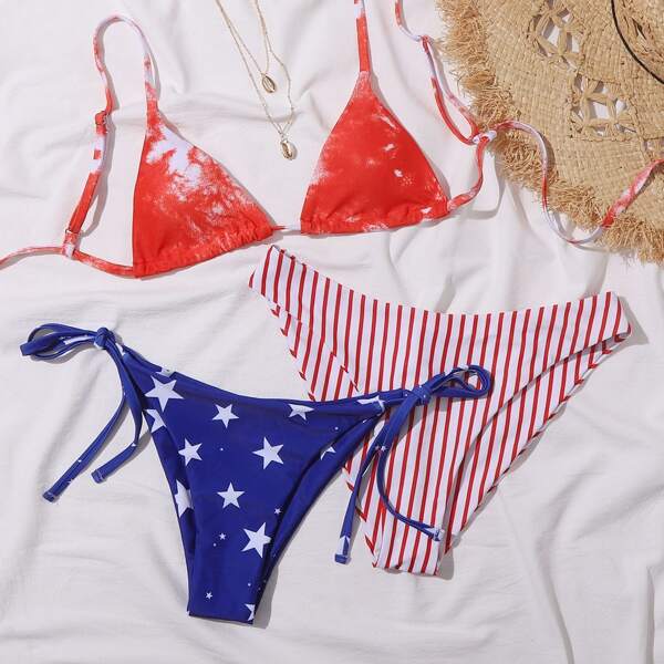 

3pack American Flag Print Triangle Bikini Swimsuit, Multicolor
