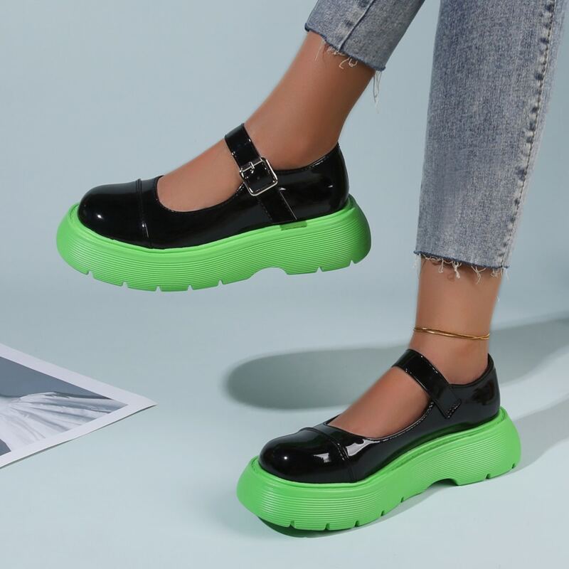 

Patent Leather Buckle Strap Flatform Mary Janes, Black