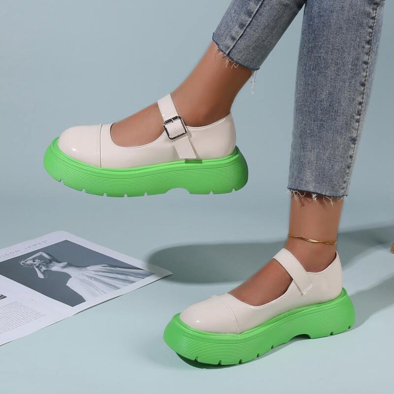 

Patent Leather Buckle Strap Flatform Mary Janes, Beige