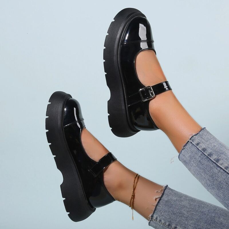 

Patent Leather Buckle Strap Flatform Mary Janes, Black