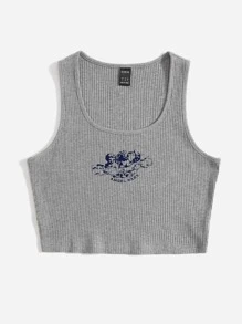 SHEIN EZwear 字母和天使圖案羅紋針織背心上衣 - 淺灰色 - 查看 3