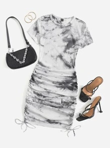 SHEIN Tie Dye Ruched Drawstring Bodycon Dress - Multicolor - View 1