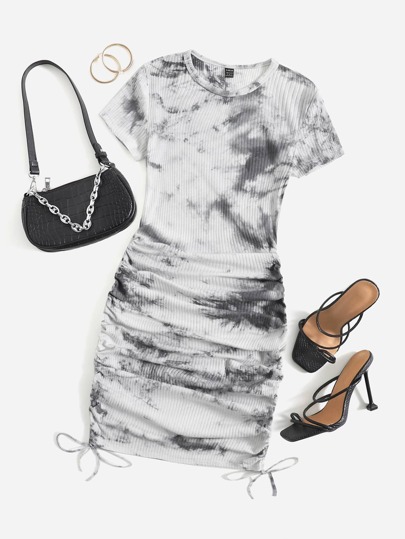 SHEIN Tie Dye Ruched Drawstring Bodycon Dress