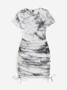 SHEIN Tie Dye Ruched Drawstring Bodycon Dress - Multicolor - View 3