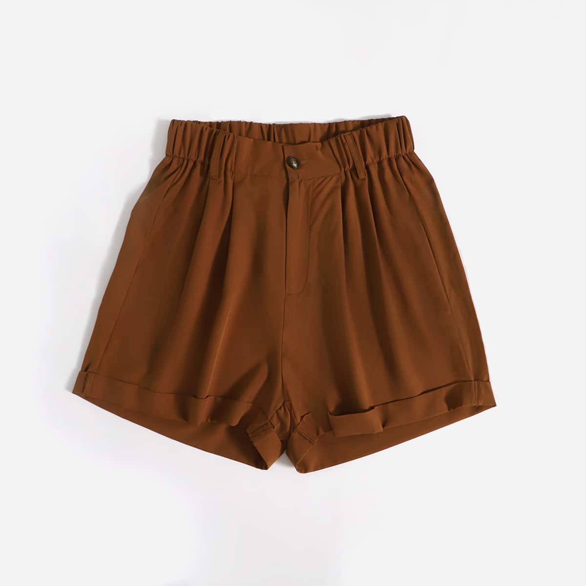 

Solid Button Fly Cuffed Shorts, Brown