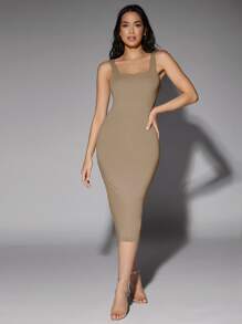 Silquee Đầm Lộ Lưng màu trơn Thanh lịch - Màu Khaki - Xem 5