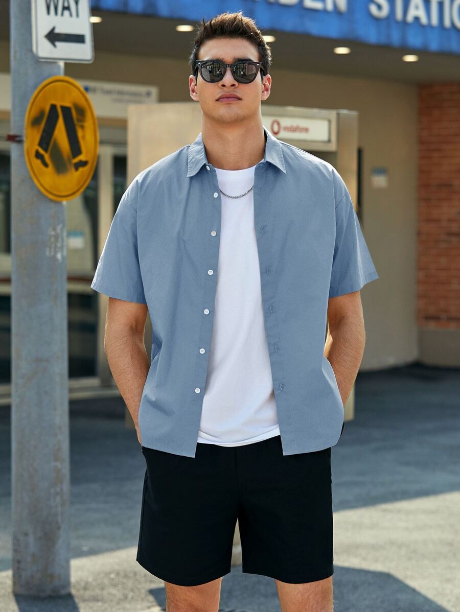 GENTILAND Camisa casual de hombro caído y color sólido para el verano - Neblina azul - Ver 1