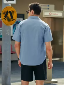 GENTILAND Camisa casual de hombro caído y color sólido para el verano - Neblina azul - Ver 2
