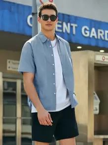 GENTILAND Camisa casual de hombro caído y color sólido para el verano - Neblina azul - Ver 3