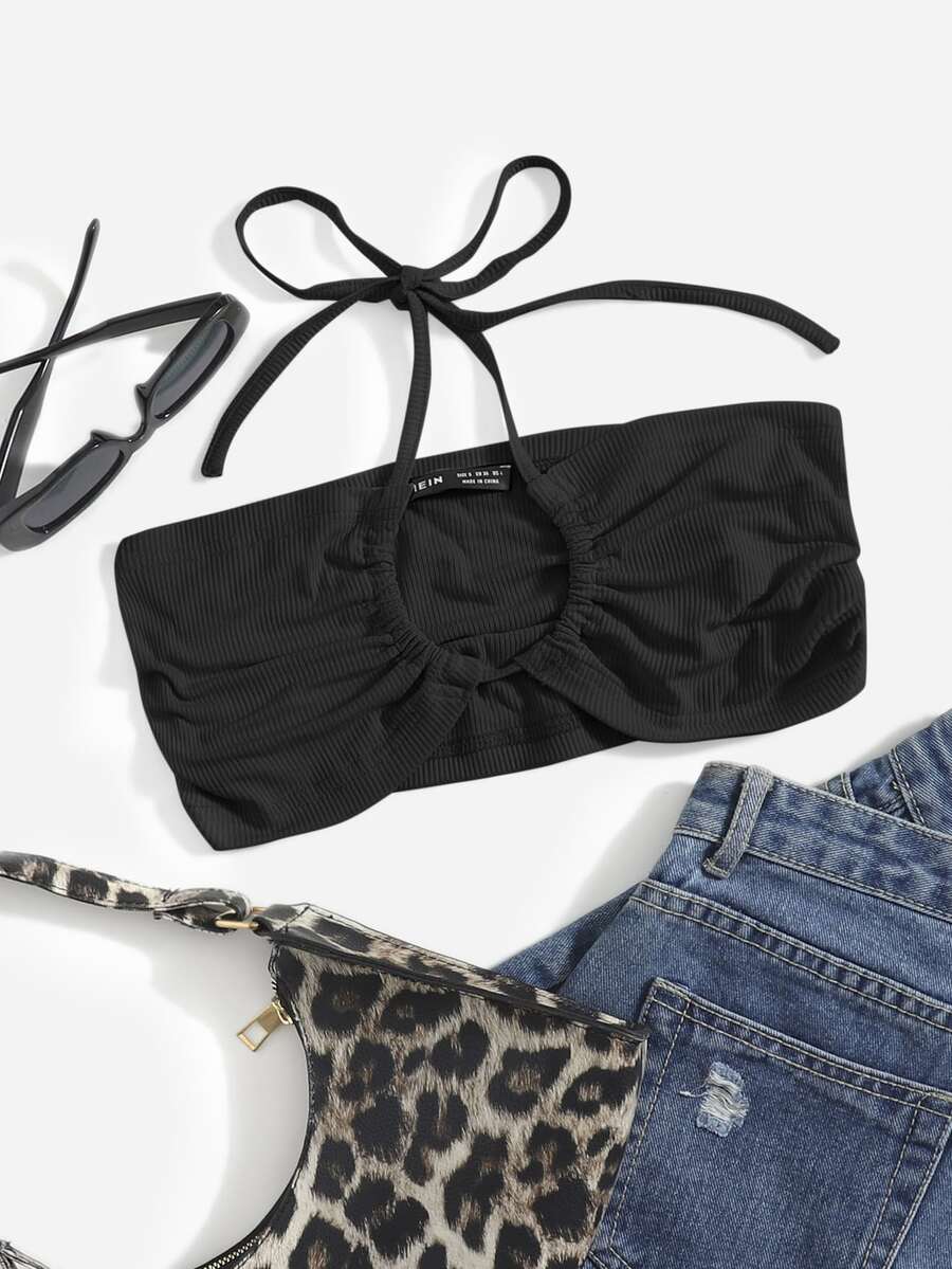 Ring Detail Halter Top - Black - View 1