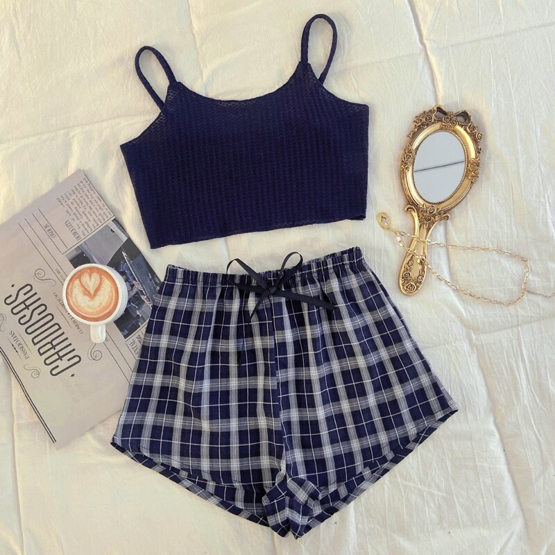 

Waffle Knit Cami Top With Plaid Shorts Pajama Set, Navy blue
