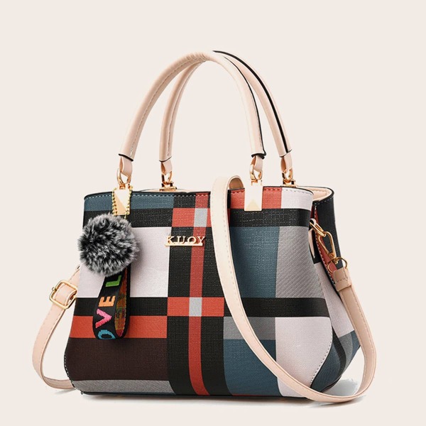 

Colorblock Pom Pom Decor Top Handle Bag, Multicolor