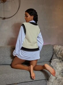 SHEIN SXY 撞色滾邊羅紋針織背心 - 米色 - 查看 2