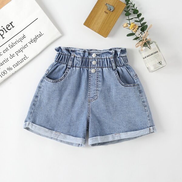 

Girls Single Breasted Paper Bag Waist Roll Hem Denim Shorts, Light wash