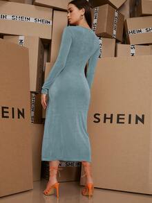 SHEIN Plunge Wrap Front Split Thigh Dress - Cadet Blue - View 2