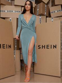 SHEIN Plunge Wrap Front Split Thigh Dress - Cadet Blue - View 3