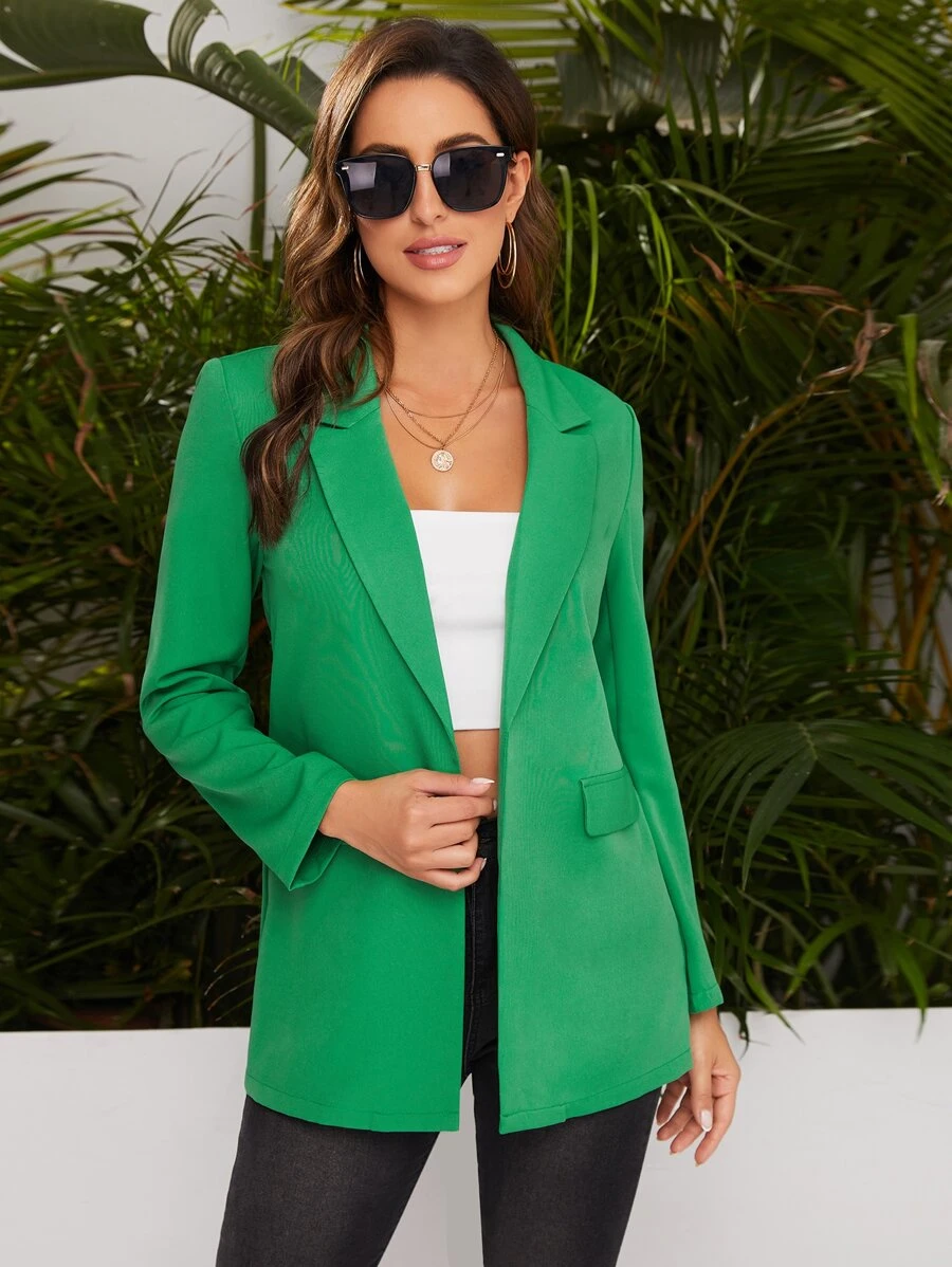 SHEIN Privé Peak Collar Flap Detail Solid Blazer - Green - View 1
